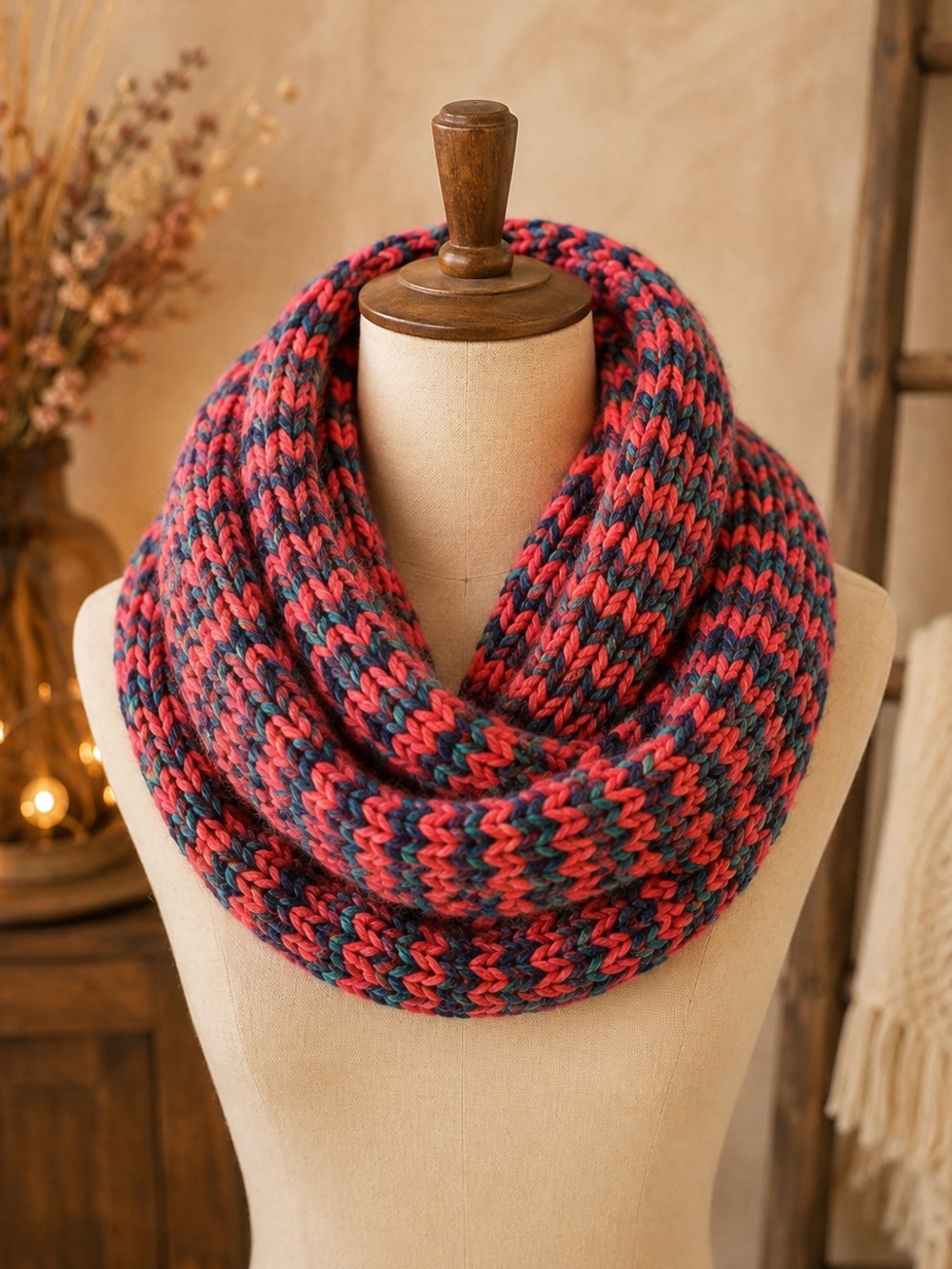 Handmade in the USA 🇺🇸 Multicolor Chunky Knit Scarf Pink Teal Navy